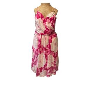 Trina Turk Silk Midi Dress Size 10 Pink White Floral Faux Wrap Adjustable Straps